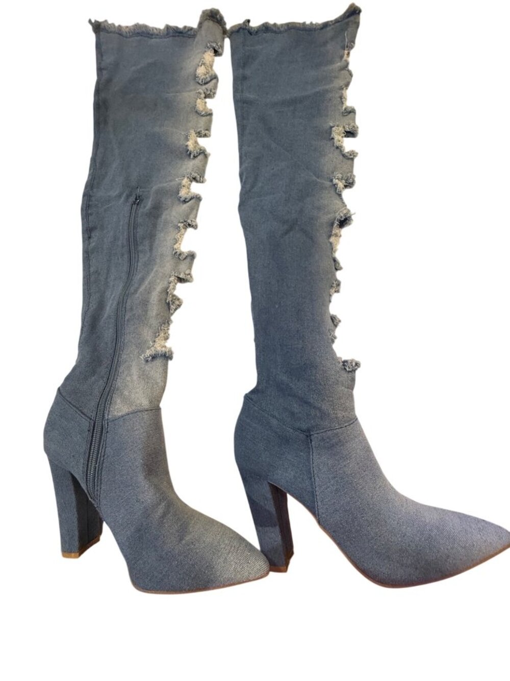 Denim Knee-High Heeled Boots With Distressed Fringe Detail US Size 8 Bamboo Mada